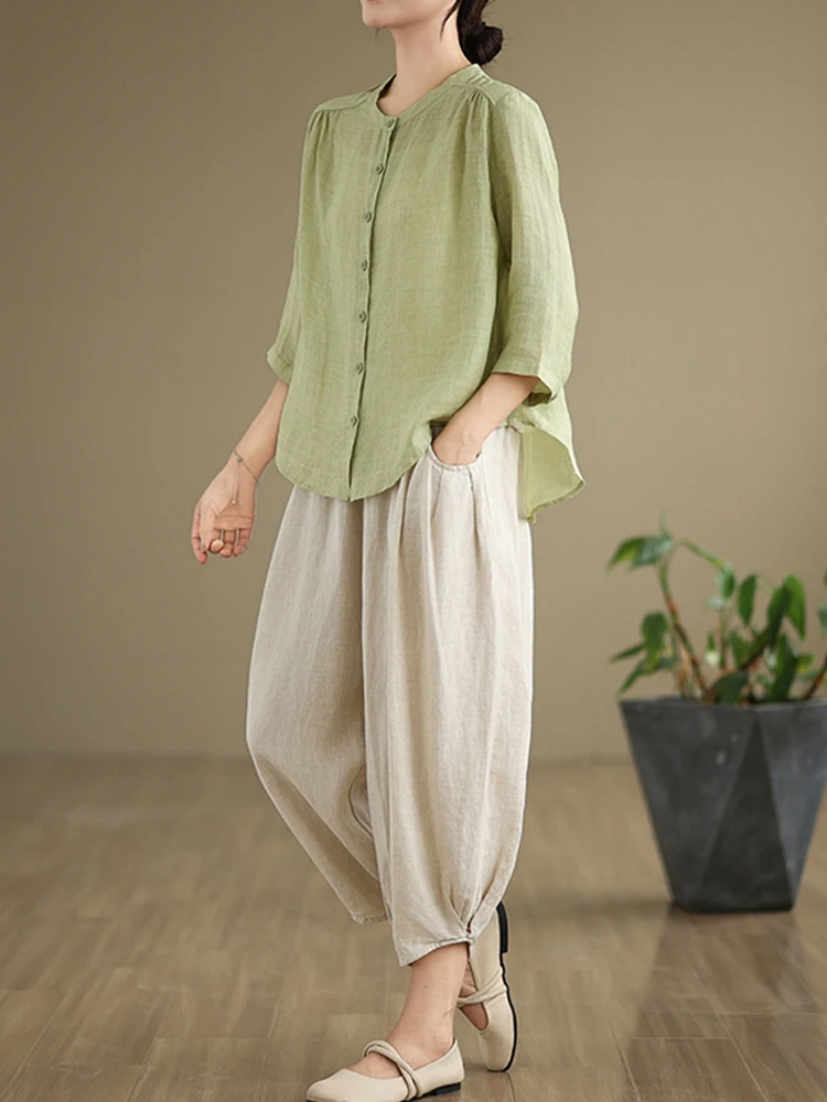 2024 verano Faion mujer algodón Lino siete-Sve Casual irt y pantalones Harlan conjunto de dos piezas redondo Ne Button-Up Sle