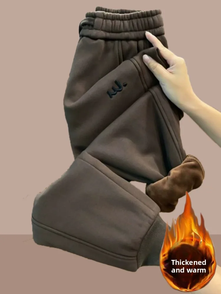 Thiened Fce Winter Sports Pants Women's Loose Small Size Dstring Embroidered Casual Trousers Trendy Harajuku Sle