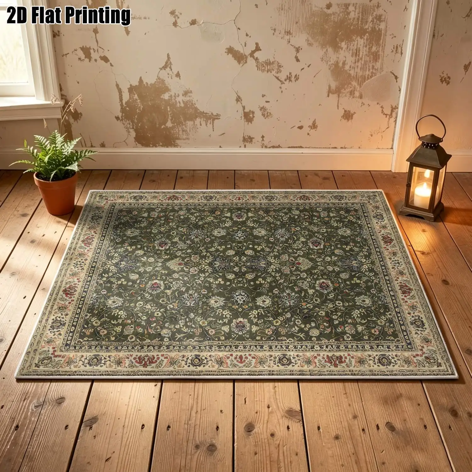 1Pc 2D Printed Velvet Carpet: Dark Green Floral Base, European Vintage Bohemian Geometric, Multi-Size Home Decor, Machine Washable, for Entrance/Dining/Foyer/Bedroom/Living Room