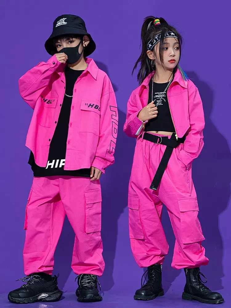 Pink Hip Hop Dance Clothes For Kids Kpop Costume Tooling Coat Cargo Pants Girls Concert Group Hiphop Performance Outfit BL9485