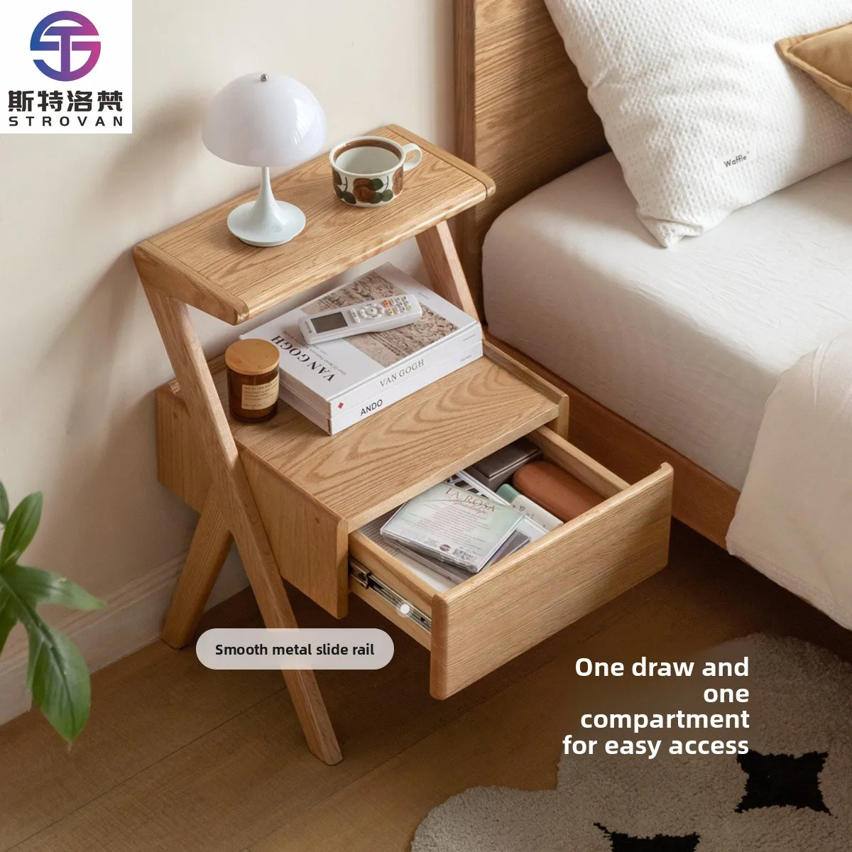 

Modern Solid Oak Wood Bedside Table Integrated Storage Rack for Home Bedroom Sofa Side Cabinet