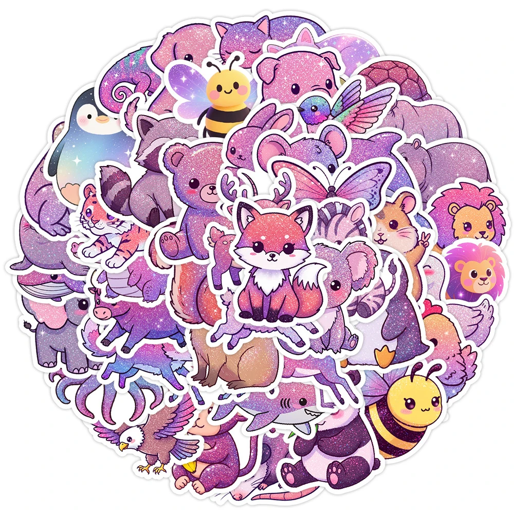 10/30/50pcs Kawaii Purple Shiny Animals Stickers Cute Cartoon Sticker DIY Laptop Stationery Phone Graffiti Decals Decoration Toy