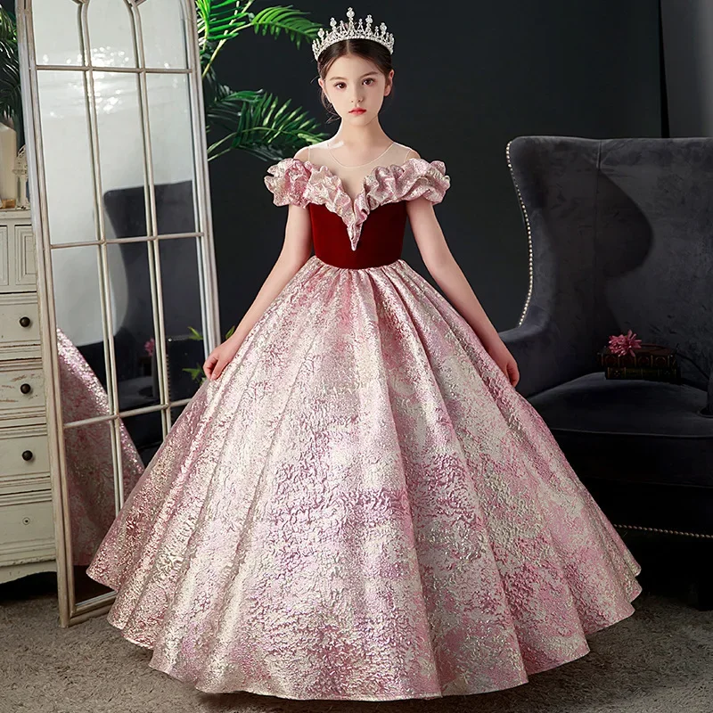 Little Girls Elegant Evening Gown Baby Girls Classic Party Cocktail Pageant Dress Teen Girls Velvet Ruffle Banquet Formal Dress