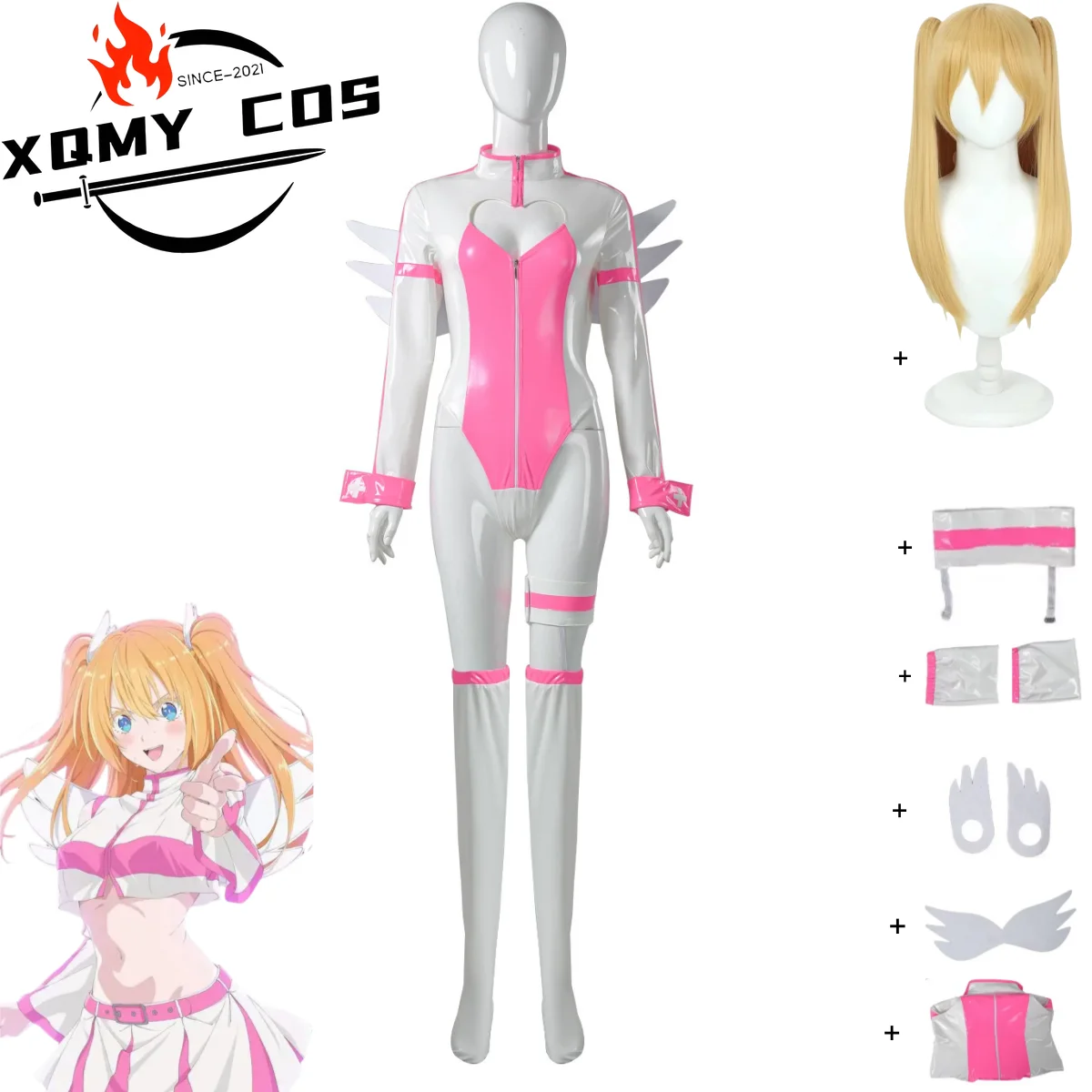 

XQAnime 2,5 Dimensional Seduction Amano Lilysa Liliel Косплей Костюм Розовый Белый ПУ Комбинезоны Парик Женский Сексуальный Прекрасный Карнавальный Костюм