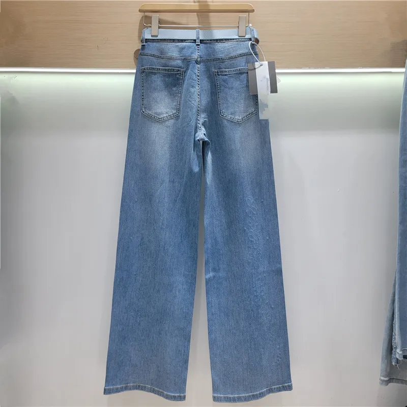 ANJY Spring Summer New Women Elegant Fashion Embroidered Hollow Out Diamonds Jeans Trend Washed Slim Straight Denim Pants A24677