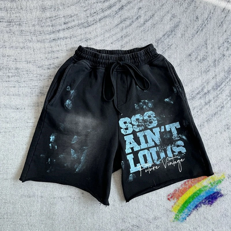 New Washed Saint Louis Graffiti Shorts Men Women Handcrafted Destroy Logo Letter Drawstring Shorts