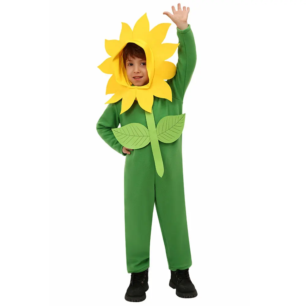 Umorden Girls Boys Sunflower Costume for Child Kids Flower Bunch Headgear Green Jumpsuit 2pcs/set Party Fantasia Outfit