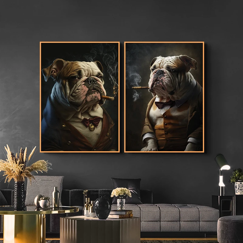 Vintage Bulldog Smoking A Cigar with Horns Animal Art Poster Retro Canvas Painting And Print Picture for Living Room Home Decor