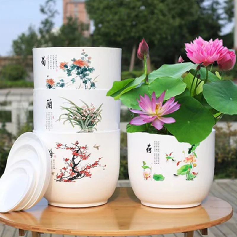 1PC With Tray Imitation Ceramic White Printed Pattern PP Resin Indoor Potted Plastic Flower Pot