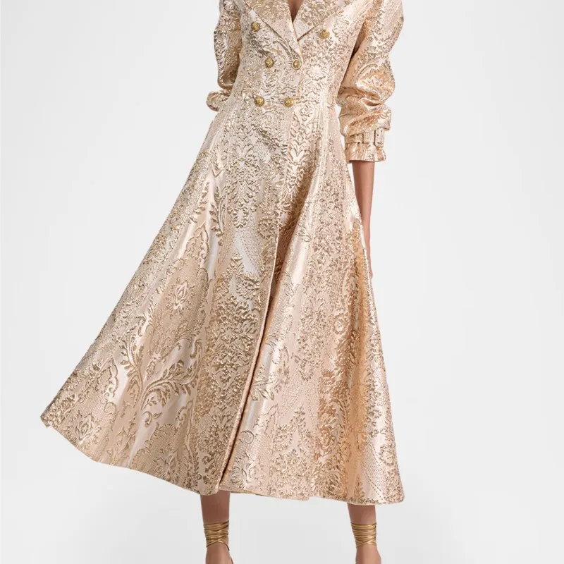 EDGLuLu Fashion Turn-Down Collar Double Breasted Buckle Long Coat Woman Vintage Embroidered Floral Long Windbreaker 0923