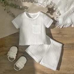 2Pcs Baby Boys 2025 Short Sleeve children's tops summer T-shirt With Pocket & Solid Pants Shorts Sets For 1-3Y Casual Clothes