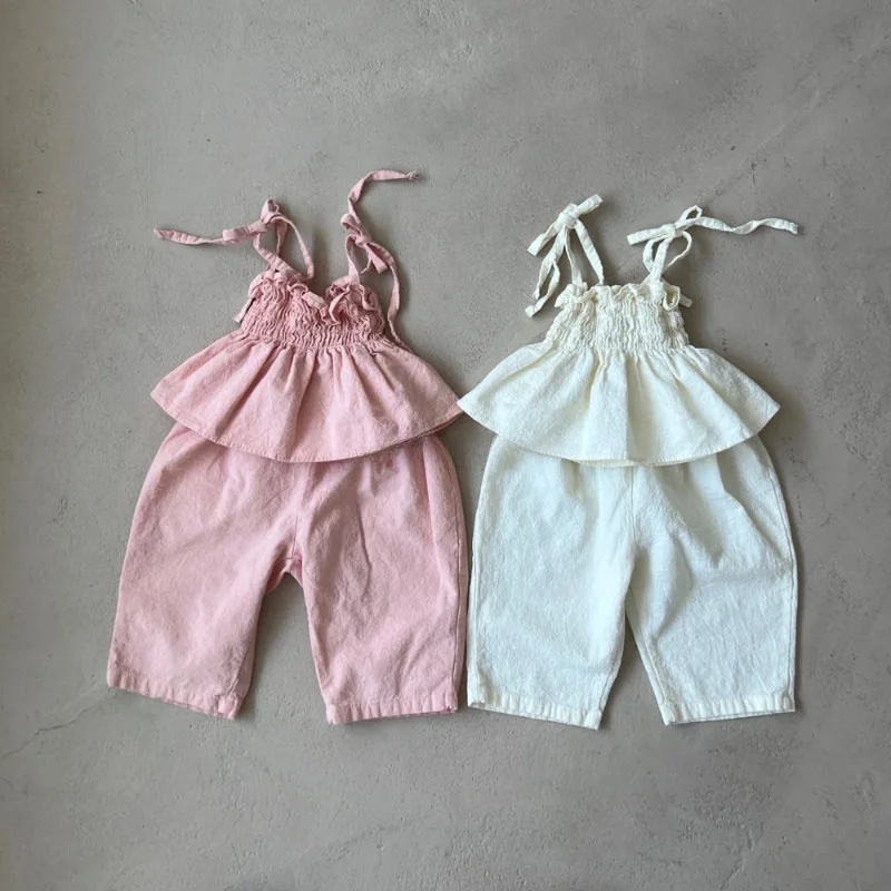 

Летний новый комплект одежды для девочек 2026: повседневный костюм из 2 предметов (жилет + брюки) для малышей