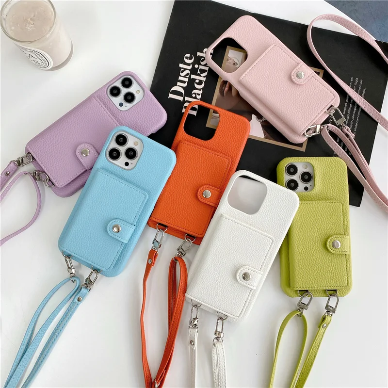 Luxury Crossbody lanyard card holder wallet leather case for iPhone 16 13 16pro 12 15 pro max 11 14 14pro 15pro Mini phone bag