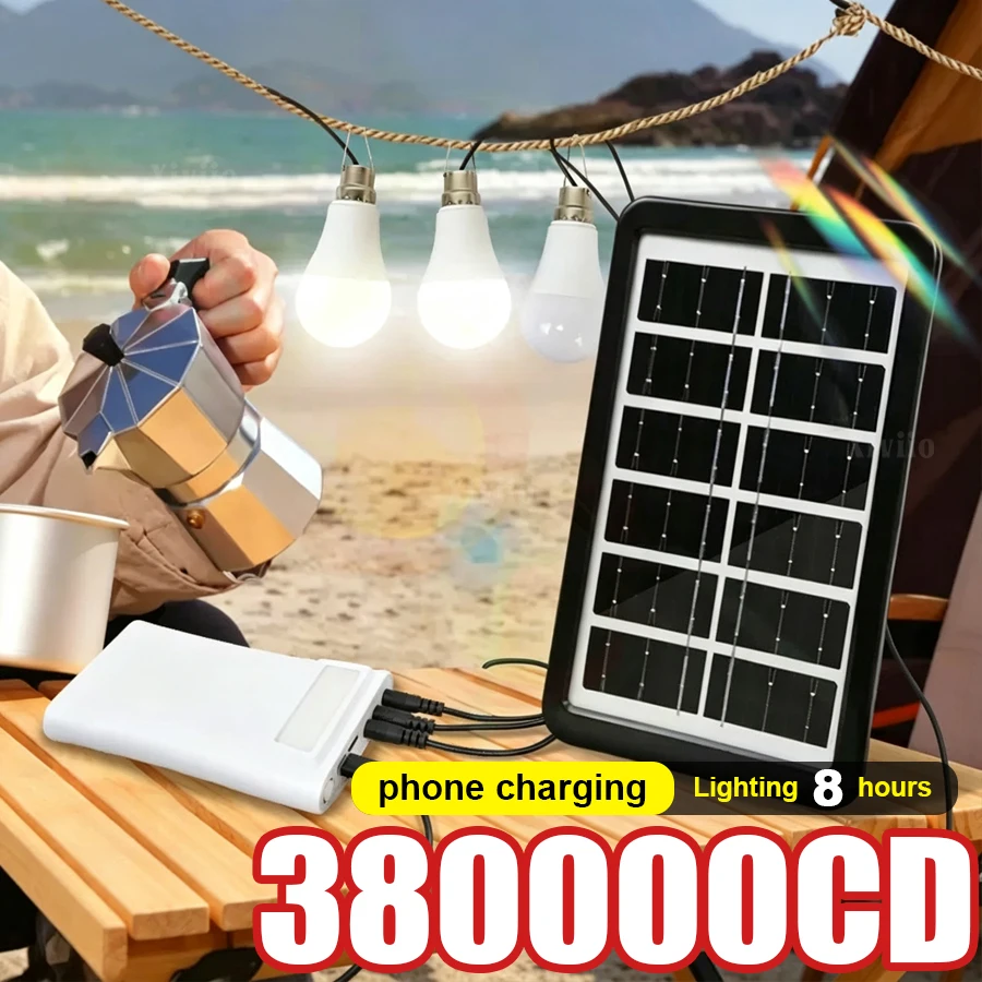 380000LM Solar Energy Light Kit 4 LED Bulb High Power USB Charged Portable Solar Panel Lamp Outdoor Camping Emergency Tent Light