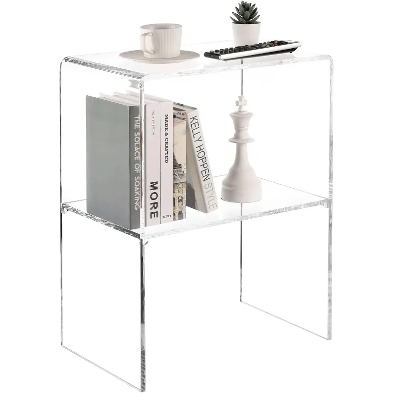 24 Inch Premium Clear Acrylic End Table, Decorative Living Room Side Table with 2 Tier Display Shelf, Modern Home Decor B