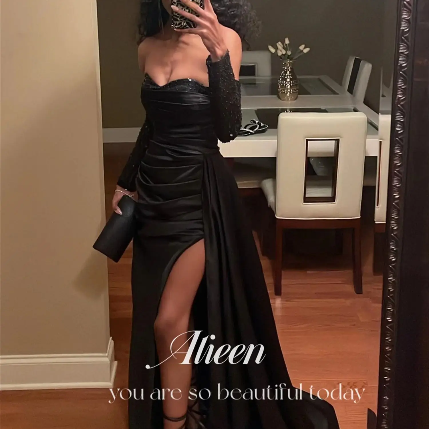 

Aileen Customized Sweetheart Black Satin Bead Embroidery Luxurious Women's Evening Dresses for Special Occasions Prom Dress Gala