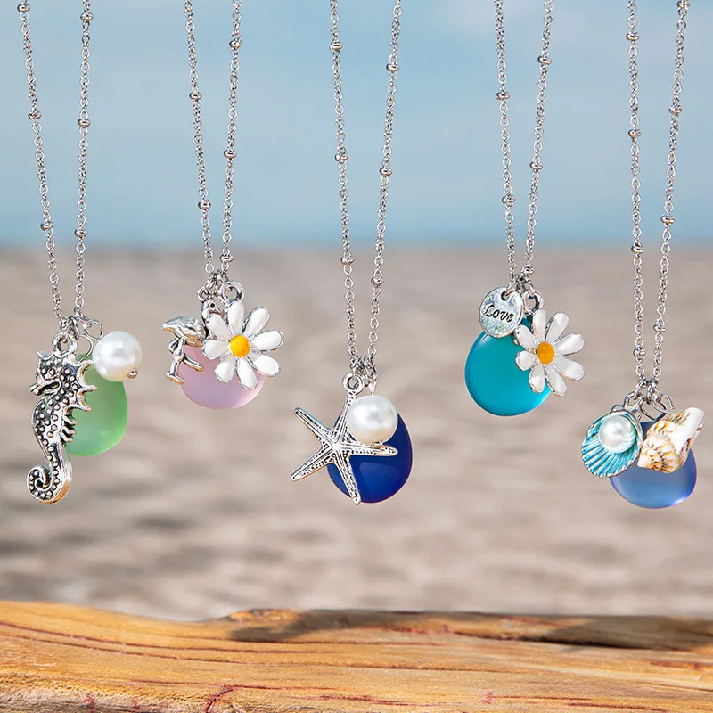 Summer Beach Sea Glass Necklace Silver Ocean Charm Seahorse Starfish Shell Daisy Pendant Necklace Women Vacation Jewelry
