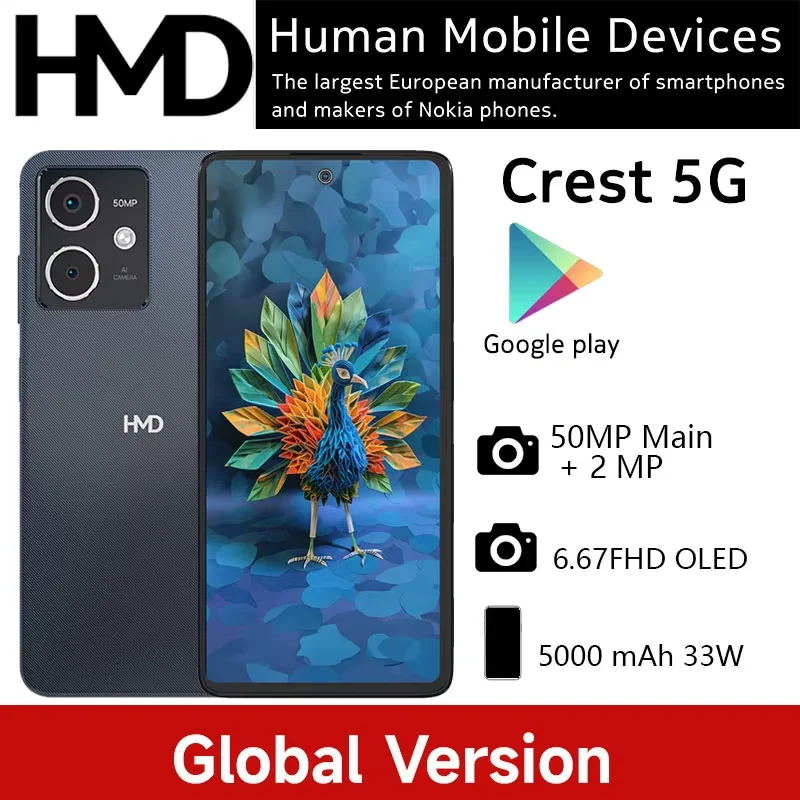 Version mondiale HMD Crest 5G Smartphone 5000 mAh 33W prise en charge 6.67 ''FHD OLED écran 50MP caméra Android 14 8GB 256GB