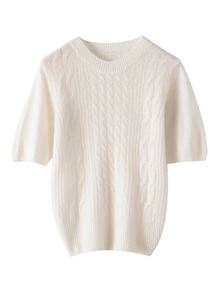 High-end Women Cashmere Sweaters O-neck Half-Sleeve Twist Pullover T-shirt 100% Cashmere Knitwear Spring Summer Female Tops
