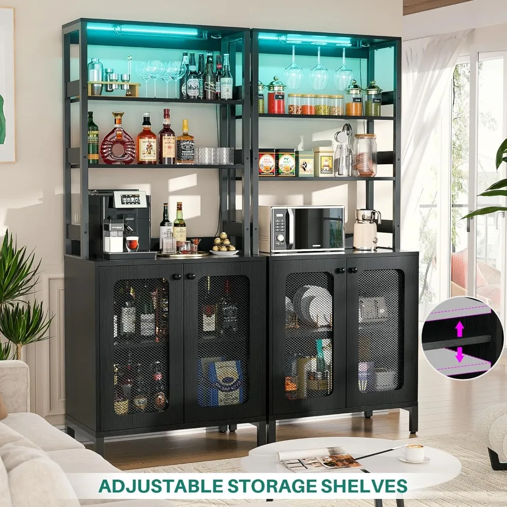 Aheaplus Mueble de bar con tomas de corriente, mueble alto para bar de vinos 67, gabinetes para licores con luces LED y soporte para vidrio, cafeteras