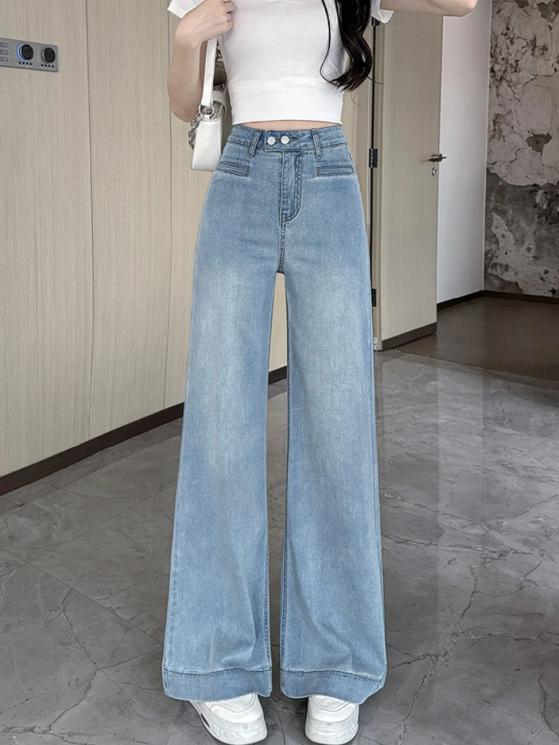 

New Retro Blue Wide Leg Denim Pants for Women Spring Summer High Waist Loose Straight Jeans Korean Style Versatile Trousers