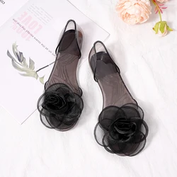 Flower sandals, jelly shoes, women's summer flat bottomed, student fish mouth, crystal transparent outer wear, Korean plastic wo