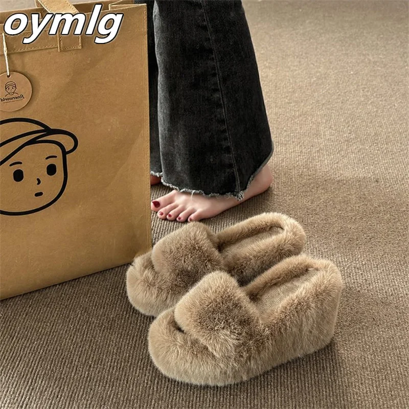 

Matsu Cake Plush Slippers for Women Outwear 2023 Autumn/Winter New High Heel Wedge and Small Cotton Slippers for Women