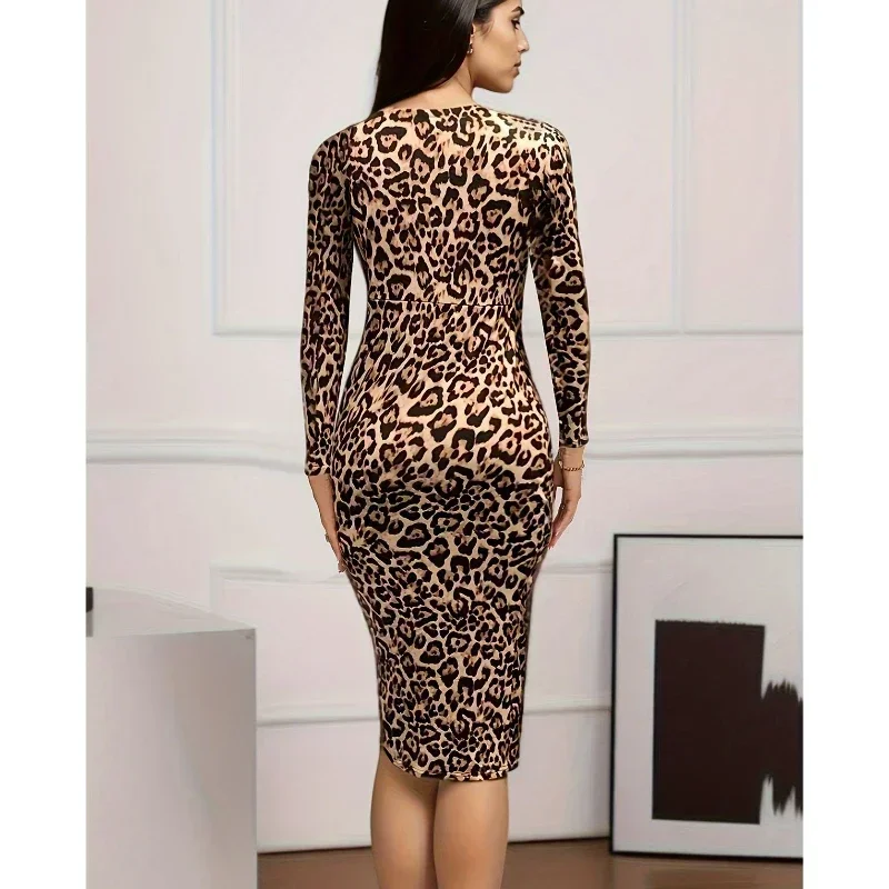 

Women's Thigh-length Dress with Leopard Print and Slit Dresses Woman Long Sleeve Vestidos De Manga Larga Midi maxi bodycon robes