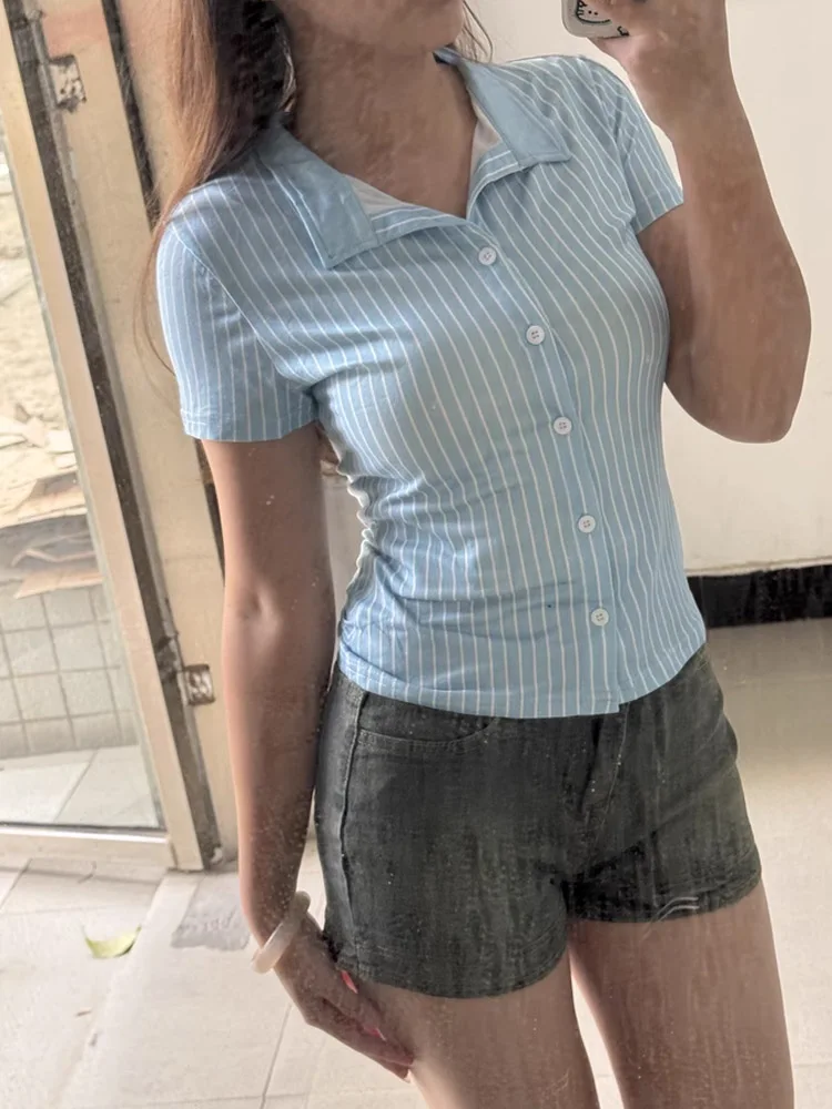 

American spicy girl blue striped slimming short sleeved shirt for women's summer design sense short top