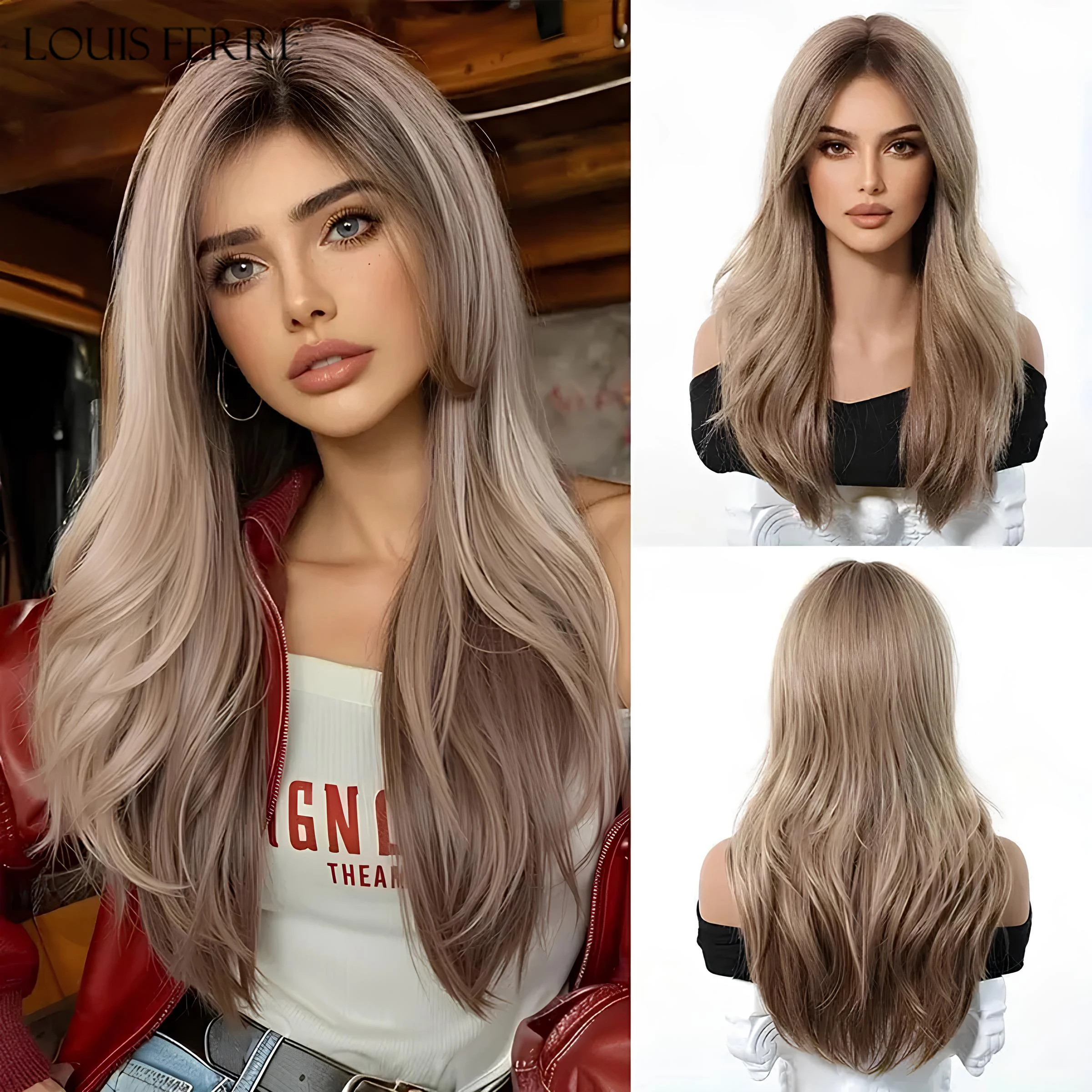 LOUIS FERRE Natural Honey Brown Wigs With Side Bangs For Women Daily Synthetic Loose Wavy Wigs Long Layered Heat Resistant Hair