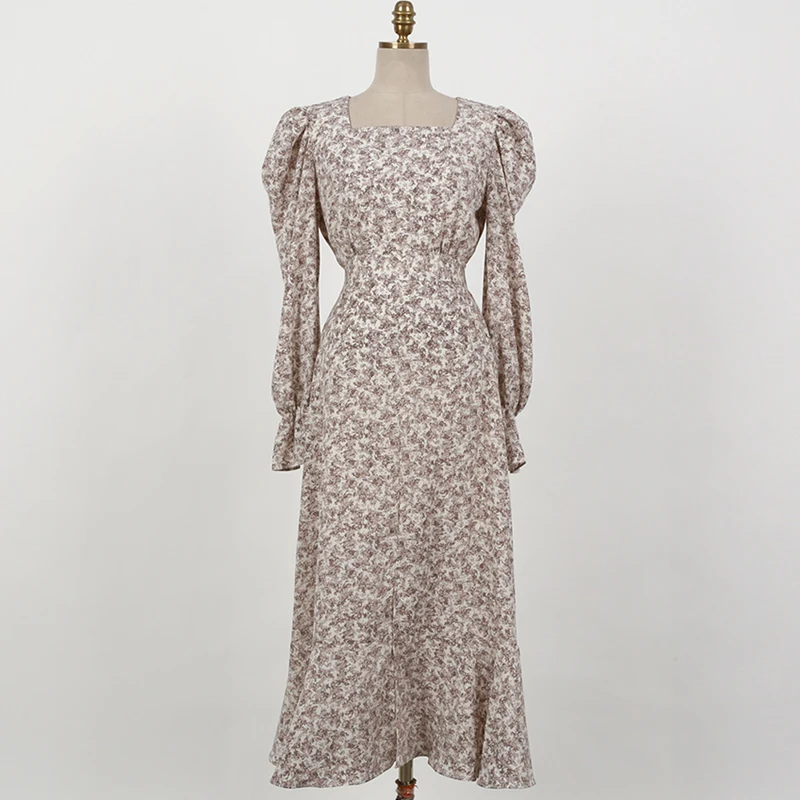 Nomikuma-Robe à fleurs vintage coréenne pour femme, col carré français, taille fine élégante, manches évasées, robe en queue de poisson fendue, automne