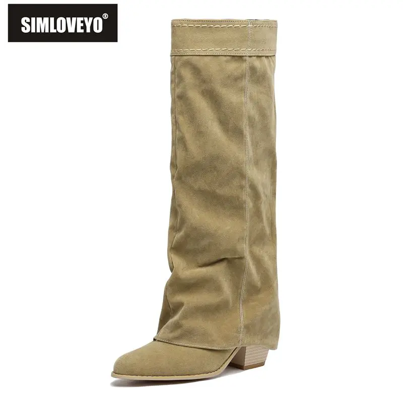 

SIMLOVEYO 2025 New Design Female Knee High Boots Flock Suede Round Toe Block Heels 7cm Slip On Plus Size 42 43 44 Dating Bota