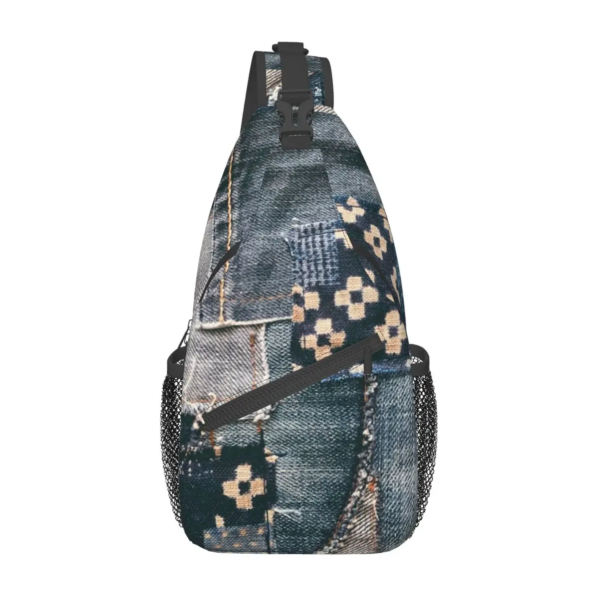 Sac à bandoulière patchwork en denim, sac de poitrine décontracté, sac à dos initié, sac de jour pour la randonnée, cartable de cyclisme en plein air