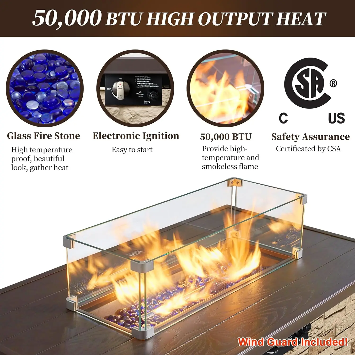 Outdoor Patio Propane Fire Pit Table - Rectangular Stone, 50000 BTU, with Wind Guard, Lid, Fire Beads, Cover, Buff Color