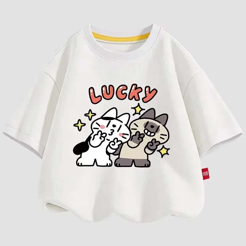Lovely Blushing White And Siamese Cat Sparkle Star Graphic Children White Loose Fit Daily Basic Short Sleeve Tee