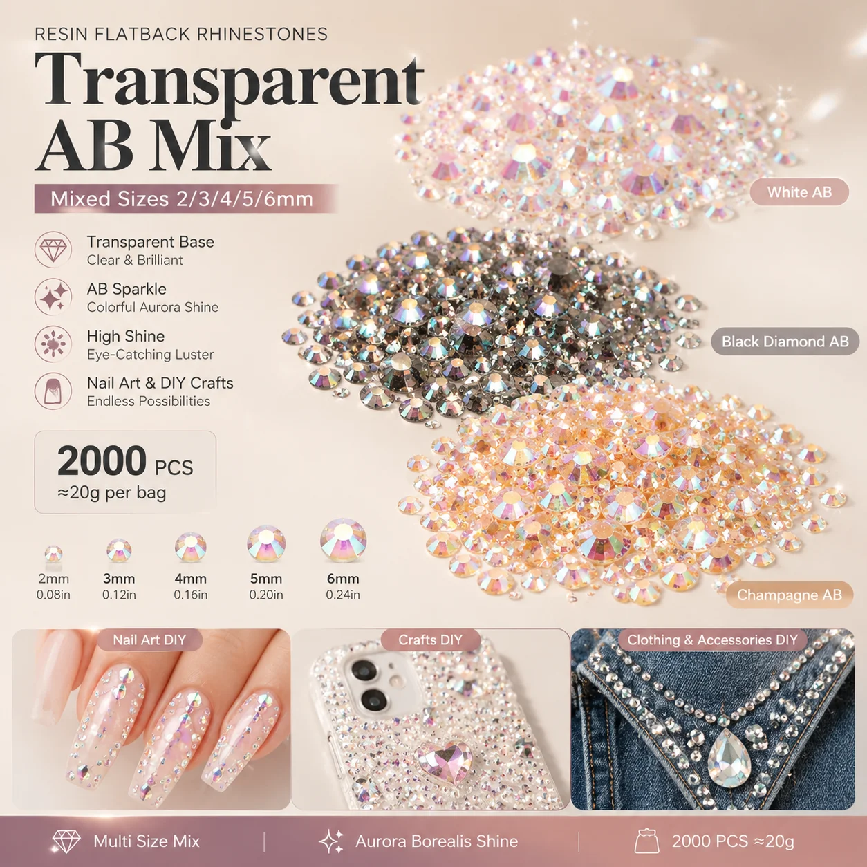 2000 pièces de strass en résine transparente à dos plat, mélangées, de 2 à 6 mm, pour nail art et DIY