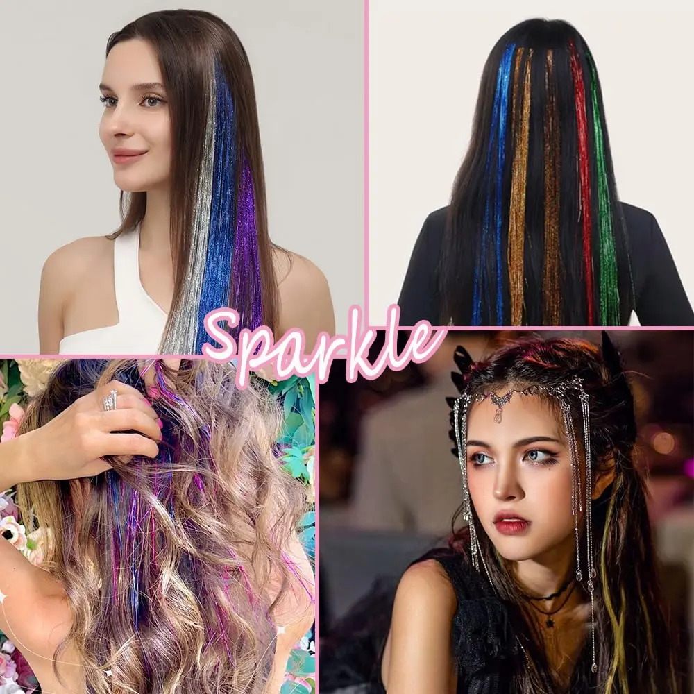 Haar-Glitzerstreifen, 12 Stück, glänzendes Metallband, Clip, Perückenstück, Glitzerband im Haar, Party-Fokus, zartes, auffälliges Geschenk, synthetisch – Detail 6