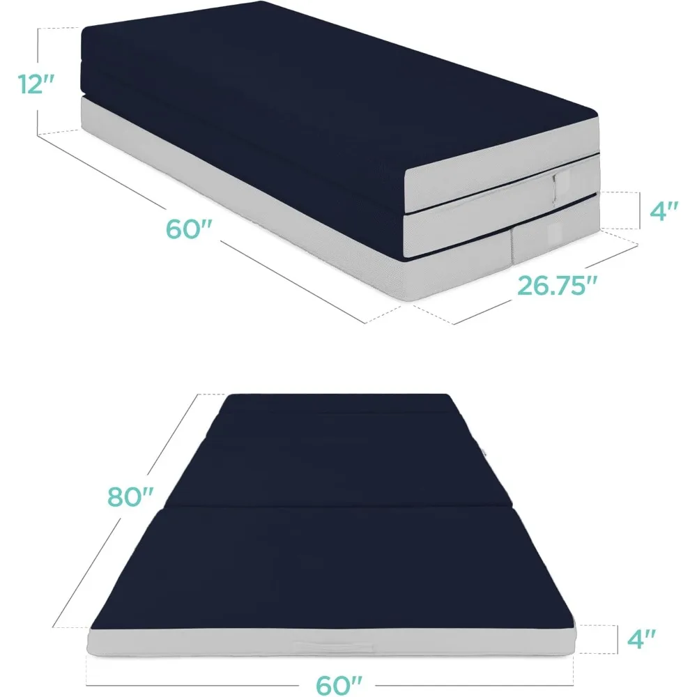 

4in Portable Queen-Size Mattress, Tri-Fold Mattress for Camping, Guest, Toddler, Foam Plush w/Carry Case - Midnight Blue