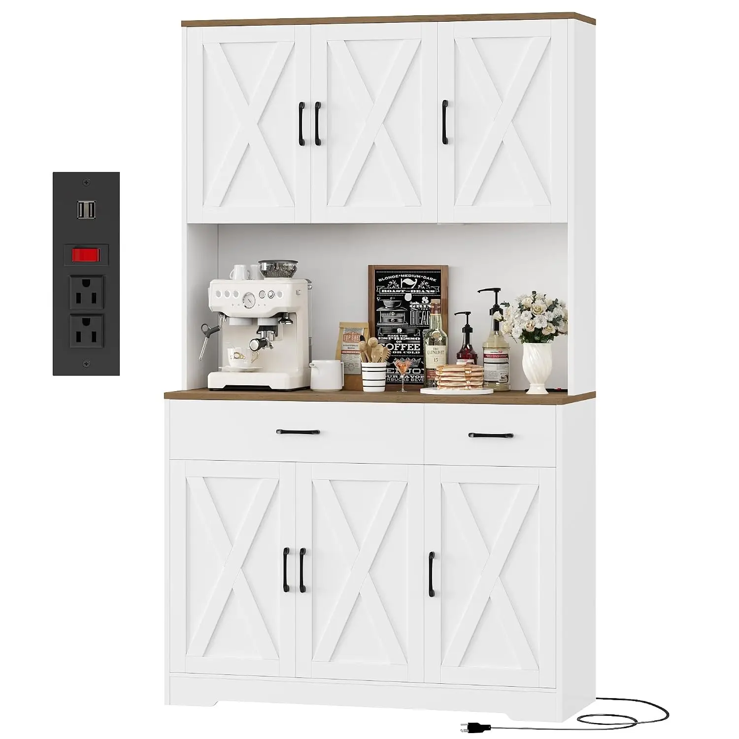 71"H Kitchen Pantry Storage Cabinet, Farmhouse Hutch Cabinet, White, Customized