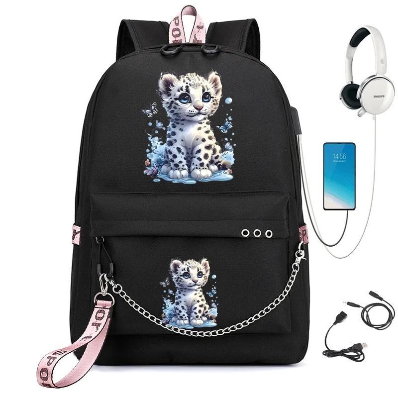 Little Leopard Print School Backpack Bag for Boys Girls Cartoon School Bag Anime Students Usb Bookbag Animals Manga School Bag