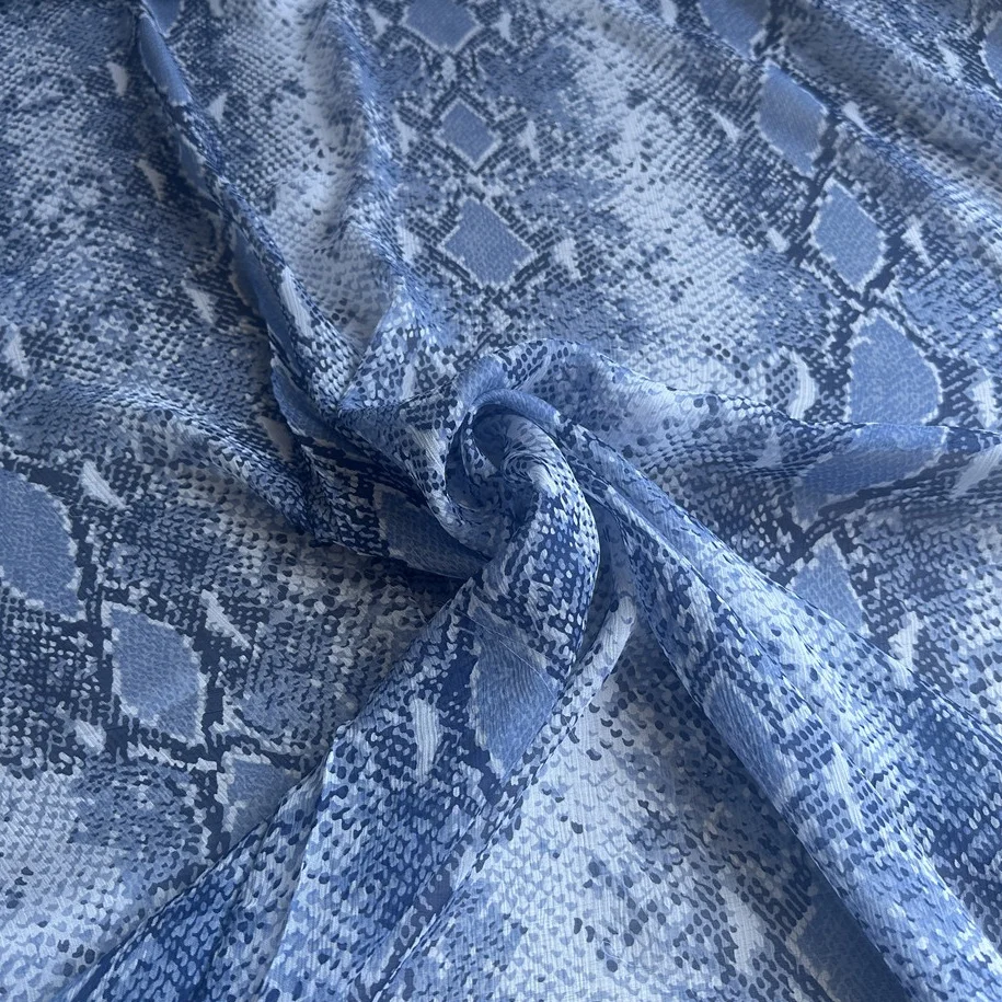 1 meter 100% Mulberry Silk 10 momme Crinkle Georgette Silk Thin Fabric Blue Snake Printed 138cm 53