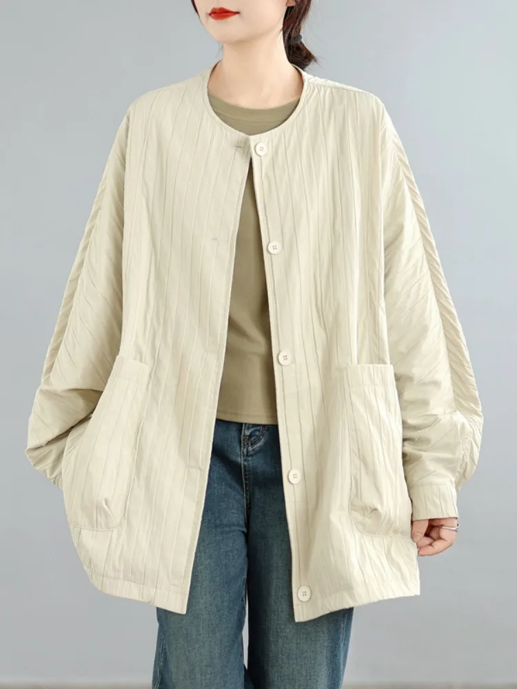 

Japanese Sle round Ne Jaet Women's Loose Fit Outerwear Long Sve Simple Ele Windbreaker Casual Pure Color Coat