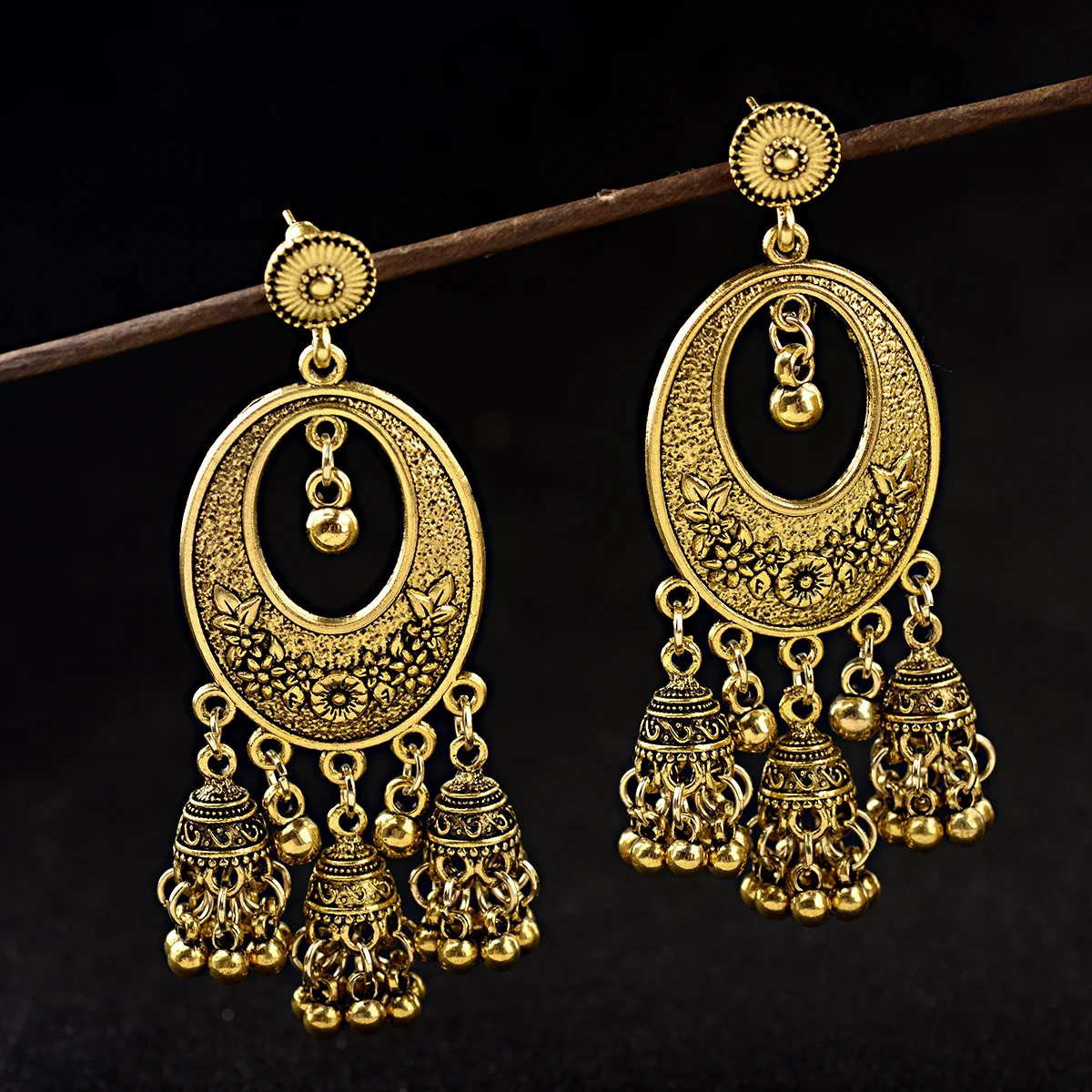 Boho Vintage Jhumka Statement Big Bells Tassel Drop Earrings for Women Ethnic Round Carved Brincos Gypsy Indian Jewelry