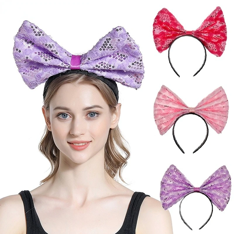 

Women Girls Cloth Lace Sequin Big Bowknot Headband Solid Color Cute Bow Knot Headwear for Cosplay Party Wedding Halloween