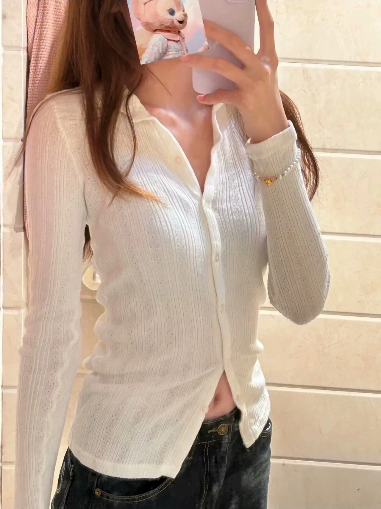 Women White Hollow Out Knit Shirt Summer Turn Down Collar Single Breasted Cotton Streetwear Blouse Tops Casual Long Sleeve Tee