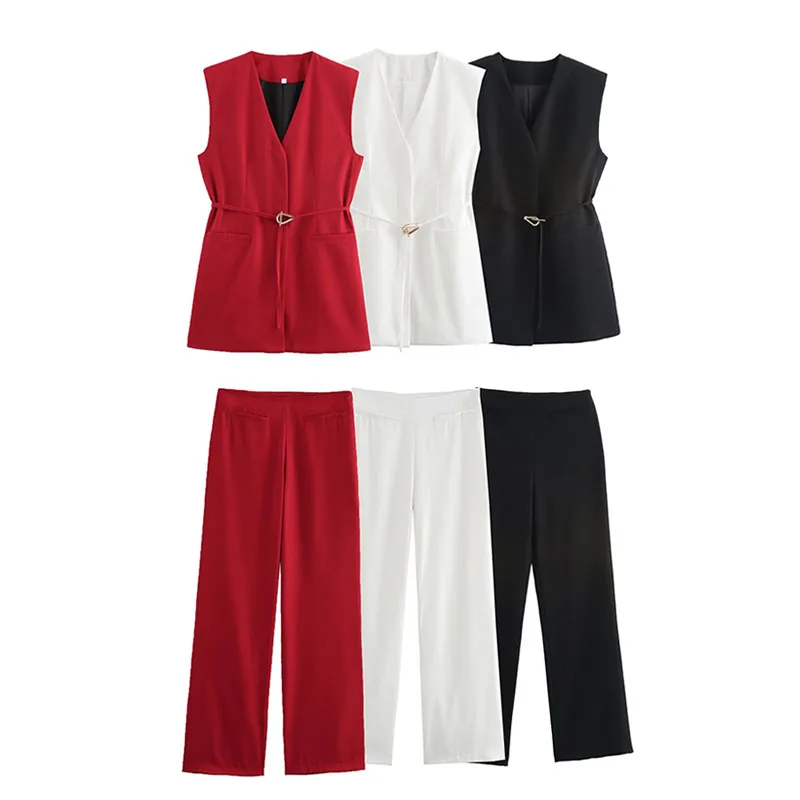 TRAFZA Fashion Women Sleeveless Pocket Belt V-Neck Decorate Casual Vest Top+Side Zip High Waist Loose Wide Leg Pants 2 Piece Set