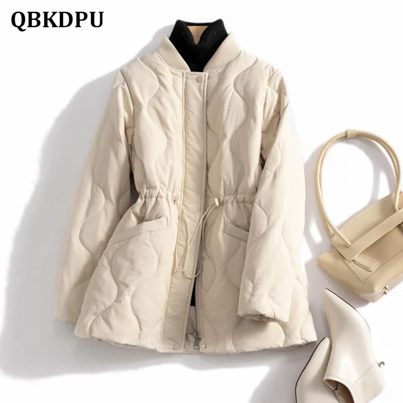 Korean Mid-Length Lightweight Cotton Padded Jacket Women Casual Drawstring Waist Fashion Quilted Coat Elegant Warm Winter Parkas