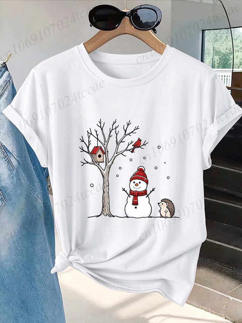 Christmas T Shirt,snowman Graphic Tee,winter Holiday Tops,hedgehog Print Tshirt,cottagecore Christmas T-Shirts,Holiday Gift