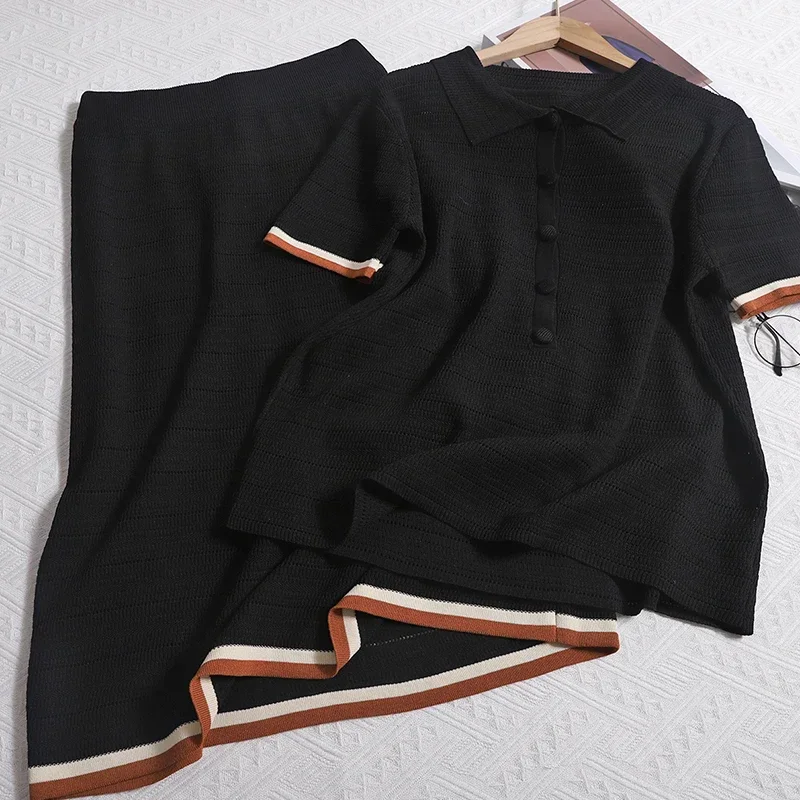 

Women Outfits Hollow Out Turn Down Collar Short Sleeve Top + High Waist Skirts 2 Piece Sets Korean Elegant Fashion Sets