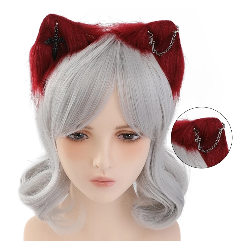 2024 New Subculture Cats Ear Hairband for Role Play Plush Hairband with Metal Earring